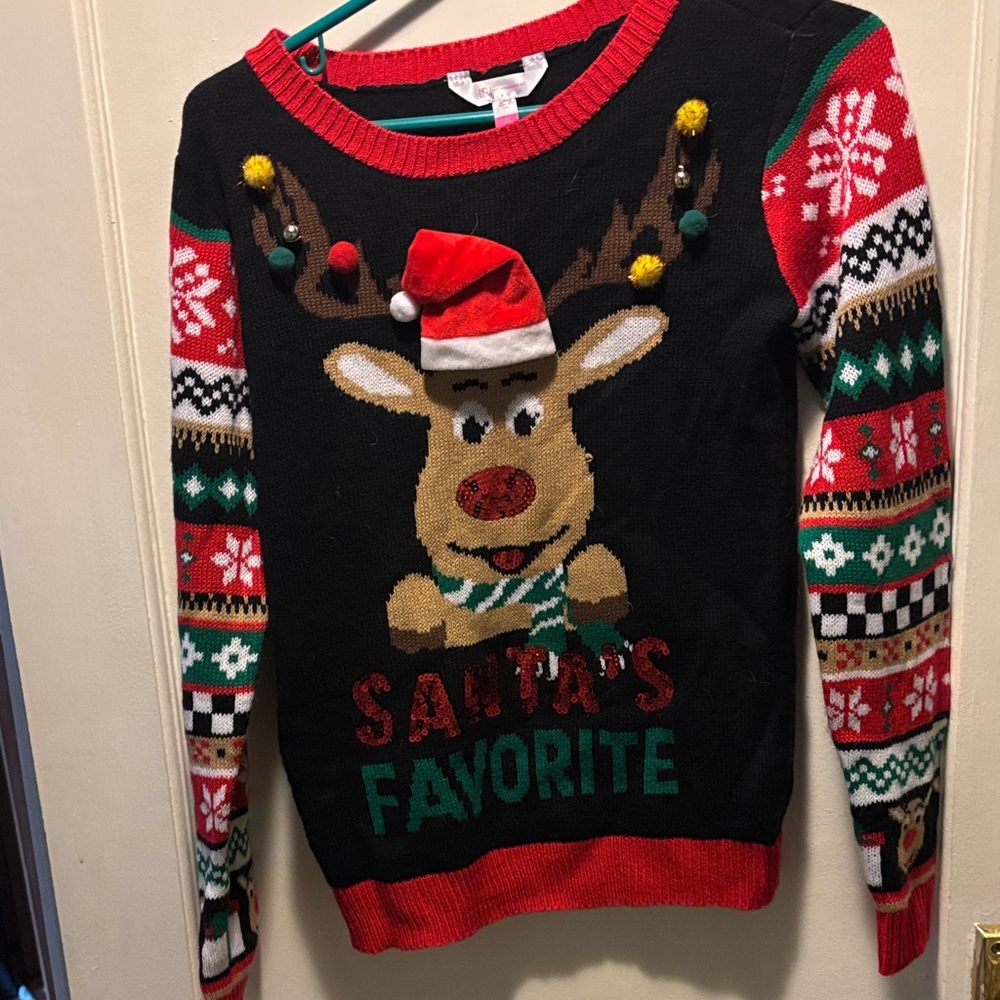 No Boundaries Holiday Reindeer Sweater - Red, Green, Black - Picture 1 of 3